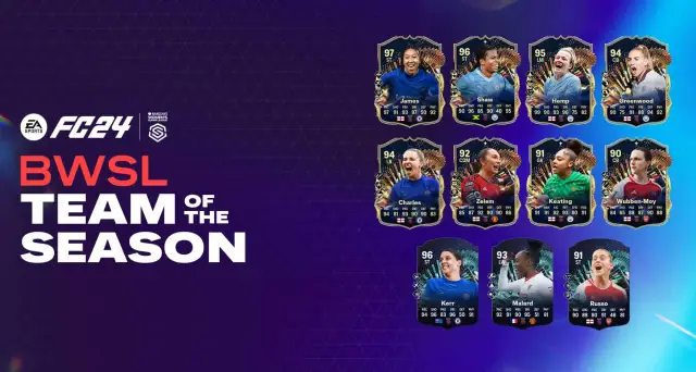 All EA FC 24 BWSL Team of the Season (TOTS) items on purple background
