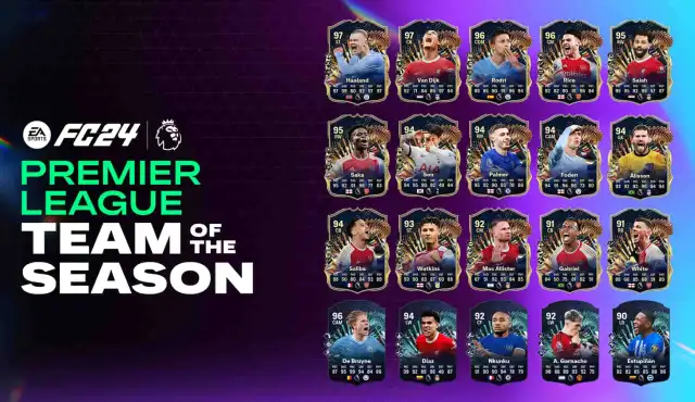 All EA FC 24 Premier League Team of the Season (TOTS) items on purple background