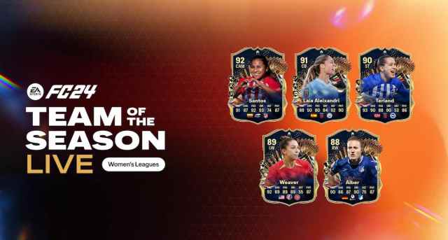EA FC 24 TOTS Live Women's Leagues cards on a black-orange background.