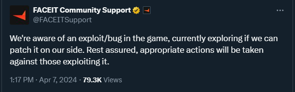 Faceit post on the existence of a CS2 bug/exploit that permits cheating.