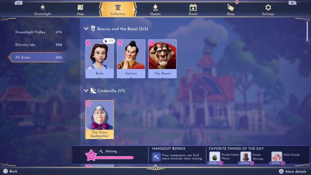 Character menu with the fairy godmother's favorite gifts in dreamlight valley