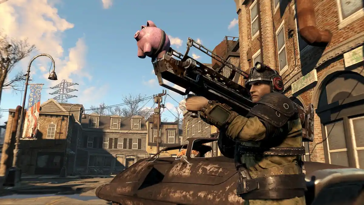 Fallout 4 character armed with the Piggy Bank Fat Man
