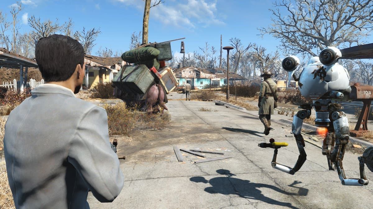 Sanctuary in Fallout 4 with Curie, main character, two-headed-cow, and the Minutemen