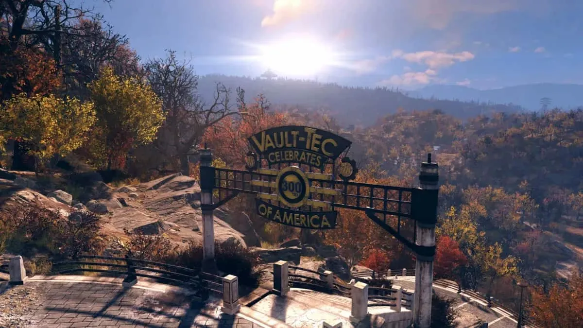 A sign in Fallout 76 that says vault tec celebrates 300 years of America.