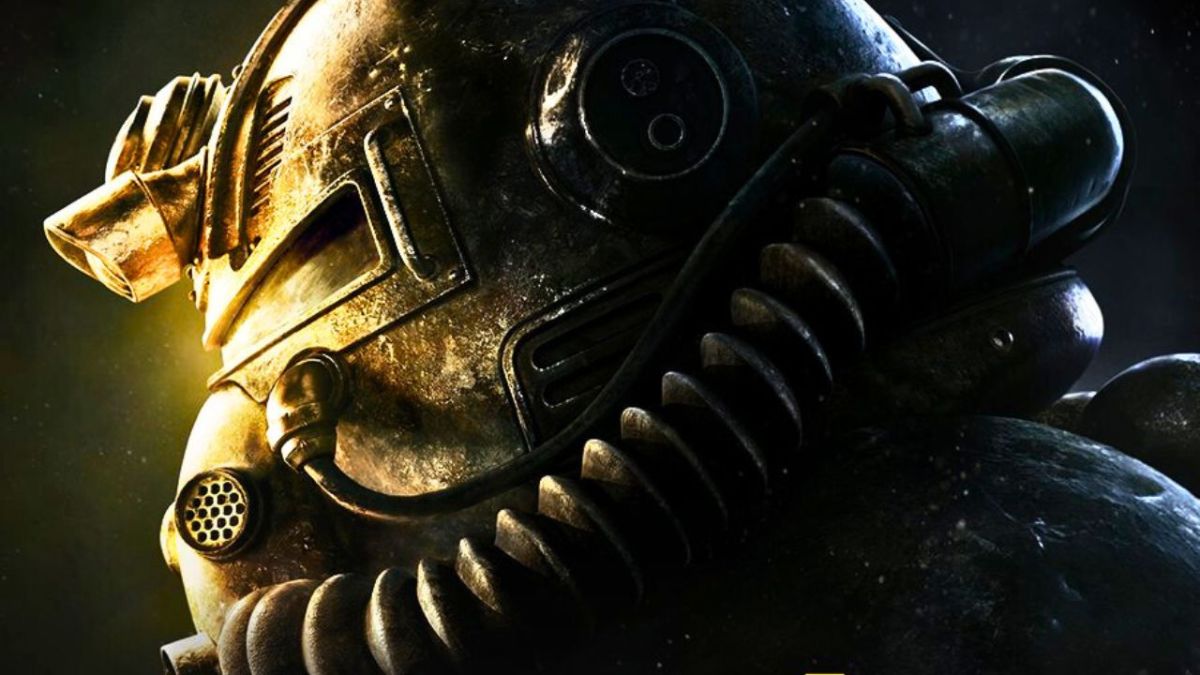 man wearing large metal helmet in fallout 76