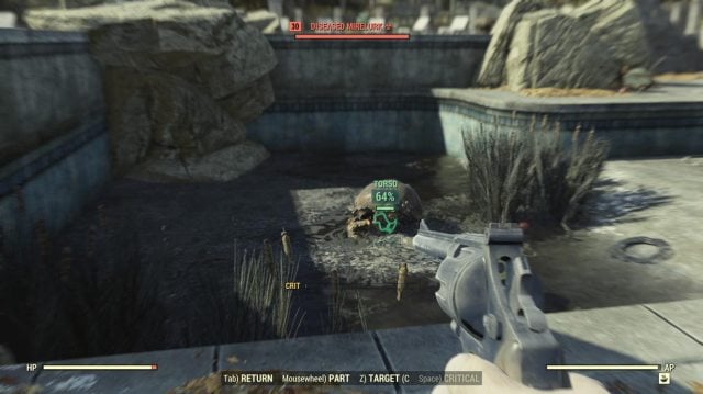 Targeting a Diseased Mirelurk in a pool with VATS in Fallout 76.