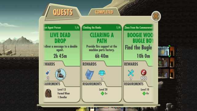 The quests menu in Fallout Shelter.