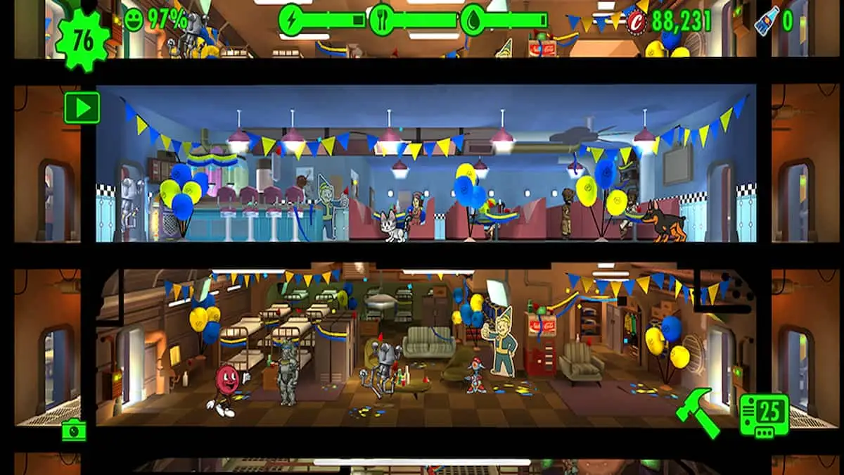Fallout Shelter rooms with party themes.