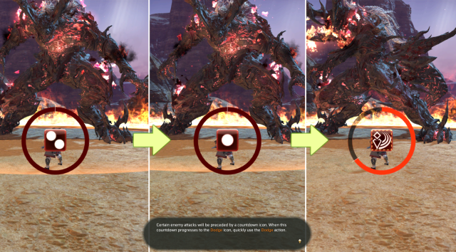 Three images show the three visual prompts for Dodging an attack from The Infernal Shadow in Final Fantasy XIV.