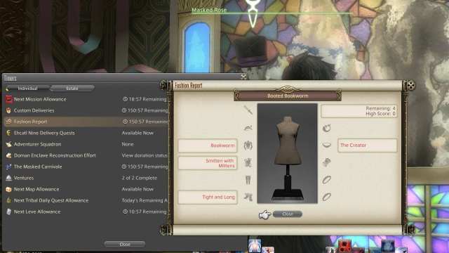 The Fashion Report and Timers menus in Final Fantasy XIV displayed over a player character speaking to Masked Rose.