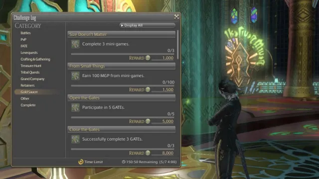 The weekly Gold Saucer Challenge Log displayed beside a female Au Ra character standing in the Gold Saucer in Final Fantasy XIV.