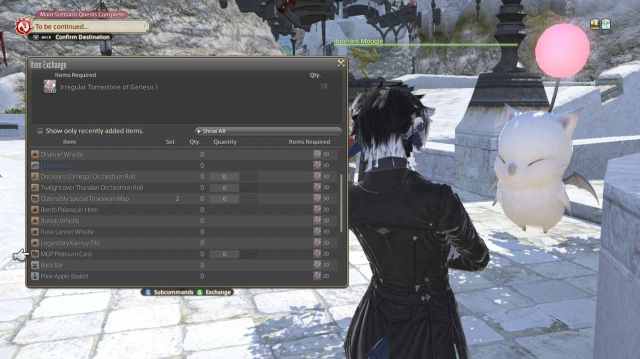 A female Au Ra character browses the Itinerant Moogle's item exchange inventory at Limsa Lominsa in Final Fantasy XIV.
