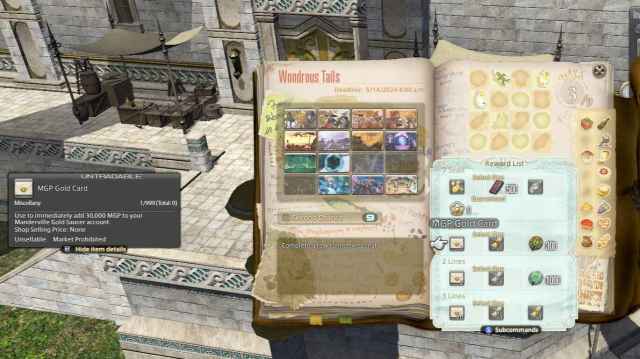 The Wondrous Tails menu displayed over a sunny view of Idyllshire in Final Fantasy XIV.