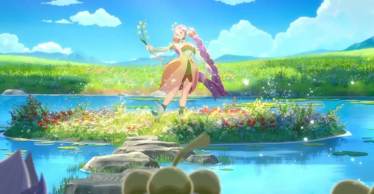 Fantasy art of Florabelle with a staff, standing on a lily pad in a vibrant, flower-filled landscape.