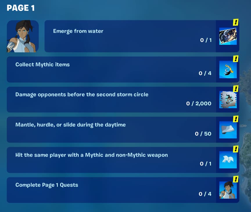 Six Legends of Korra Quests against a blue background in Fortnite.