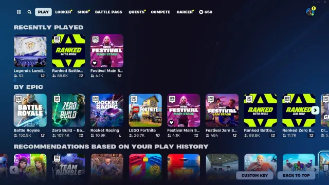 Une capture d'écran de l'écran de sélection de jeu dans le menu principal de Fortnite.