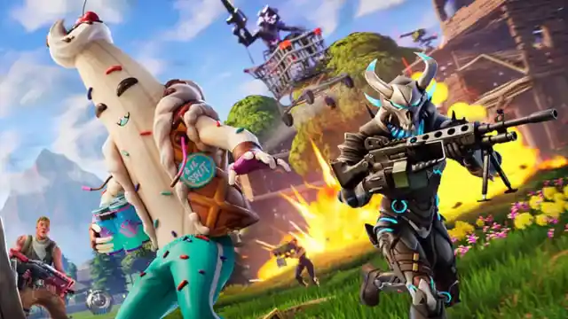 Fortnite characters running away from an explosion. Peely is holding a