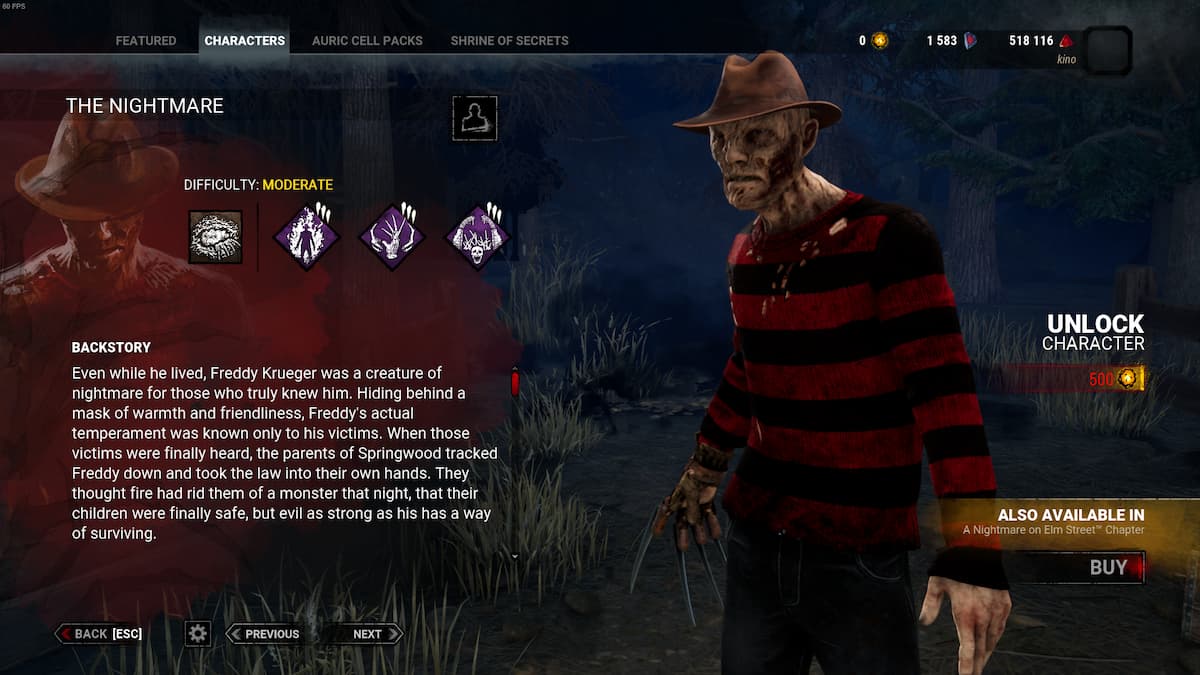 Freddy Crueger from the Nightmare on Elm Street franchise as a character in Dead by Daylight.