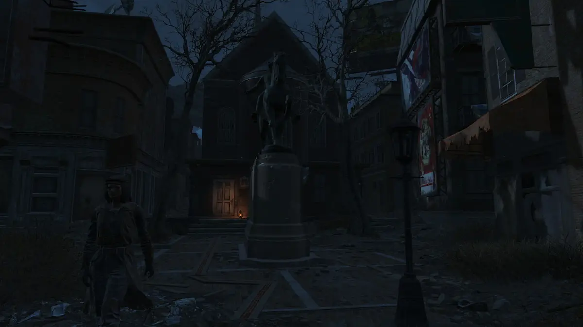 Emplacement de la vieille église du Nord dans l'obscurité dans Fallout 4.