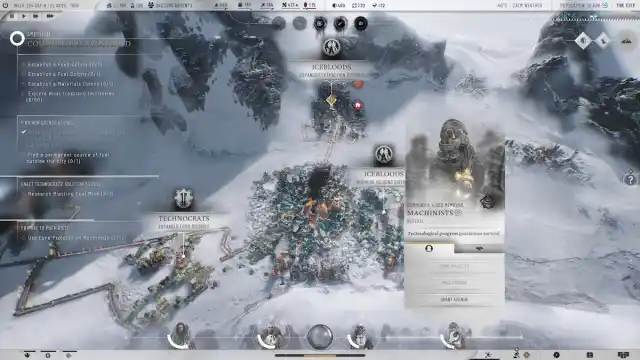 Communities and factions marked on the city map in Frostpunk 2