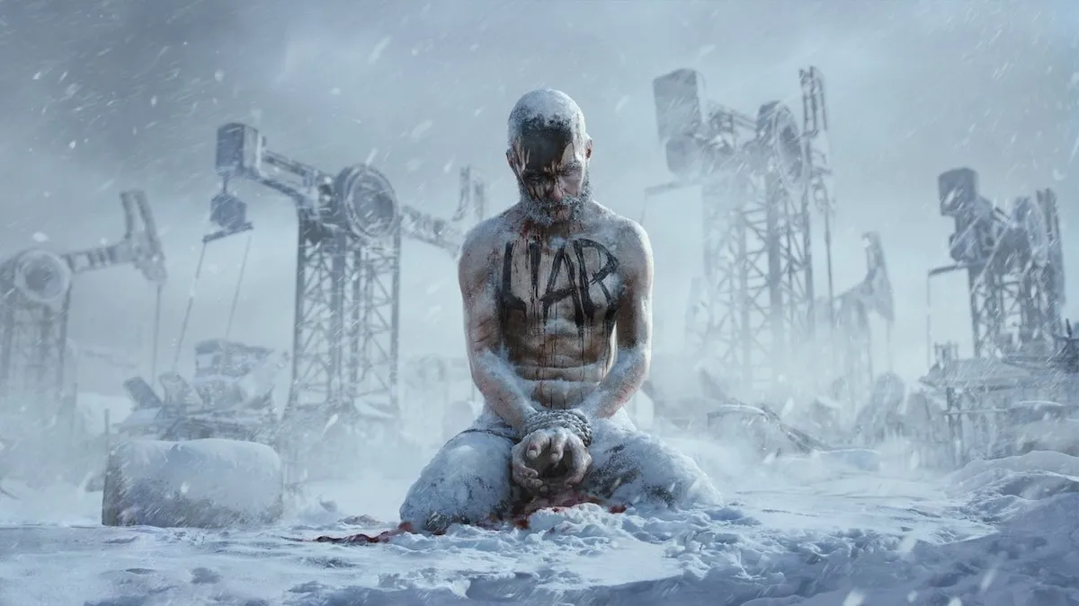 A man sitting on snow in Frostpunk 2.