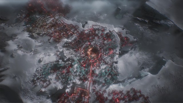 An overhead shot of a city glowing red amidst the snow in Frostpunk 2.