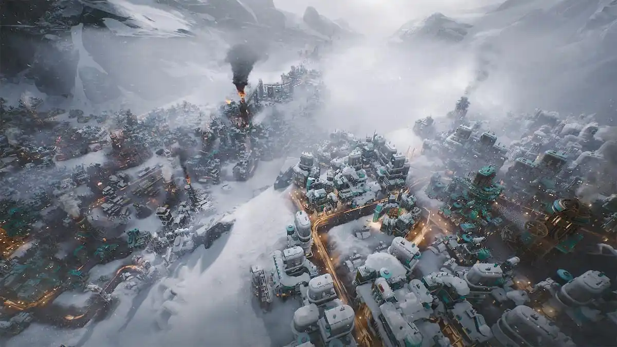 snowy steampunk-ish lands of a cityscape from the upcoming game Frostpunk 2