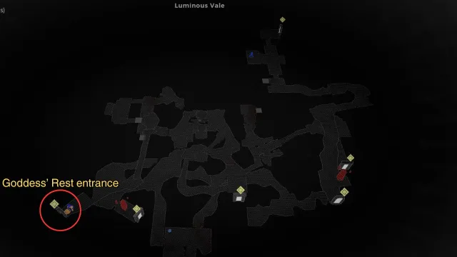The Luminous Vale map with the Goddess' Rest entrance highlighted.