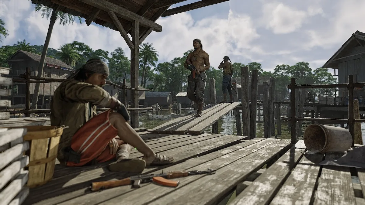 A character sitting on a wooden balcony in Gray Zone Warfare.