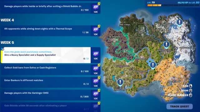 A map of the four Heavy Specialist and a Supply Specialist NPC locations in Fortnite.