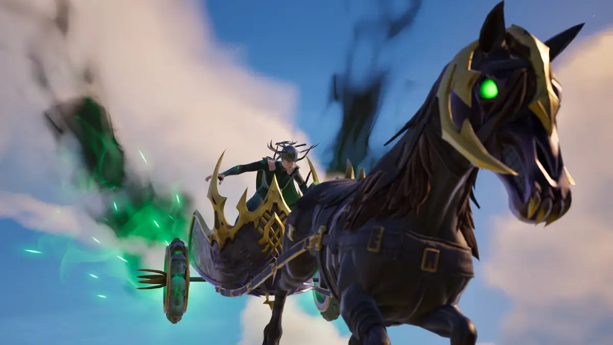 Hela riding a chariot in Fortnite.