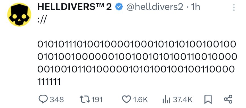 Binary tweet by Helldivers 2 Twitter