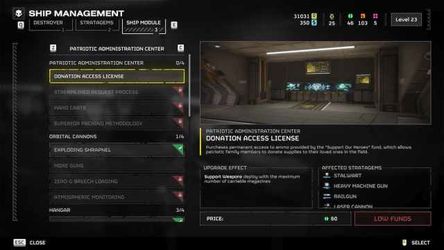 Donation Access License overview in the Ship Module menu in Helldivers 2.