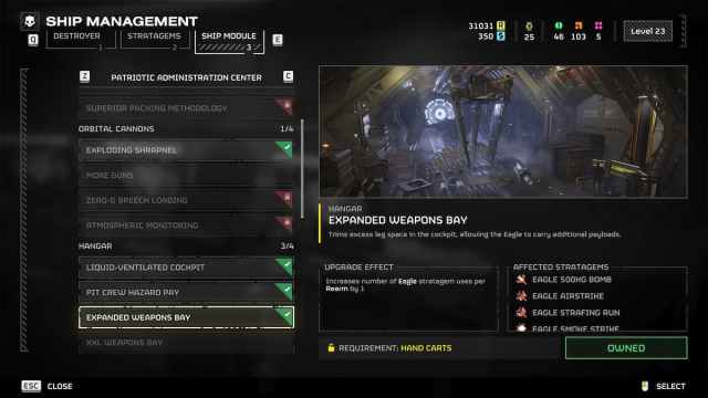 Expanded Weapons Bay overview in the Ship Module menu in Helldivers 2.