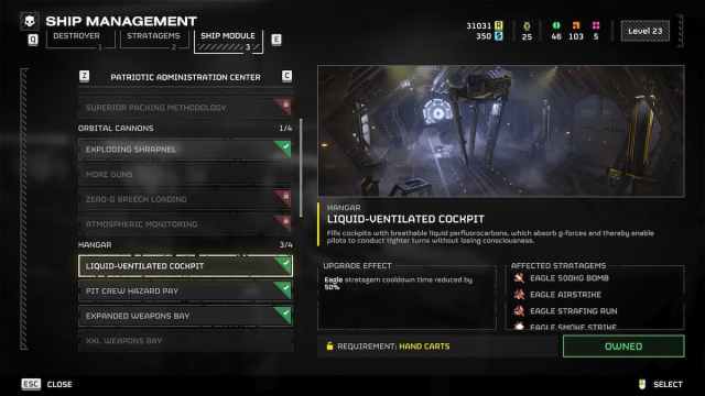 Liquid-Ventilated Cockpit overview in the Ship Module menu in Helldivers 2.