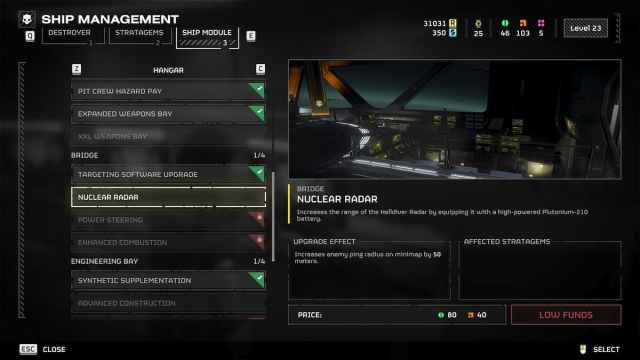 Nuclear Radar overview in the Ship Module menu in Helldivers 2.