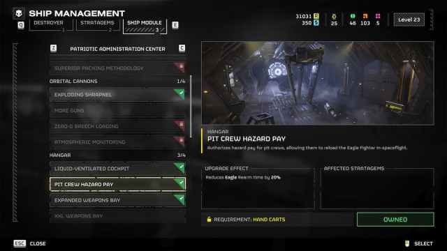 Pit Crew Hazard Pay overview in the Ship Module menu in Helldivers 2.