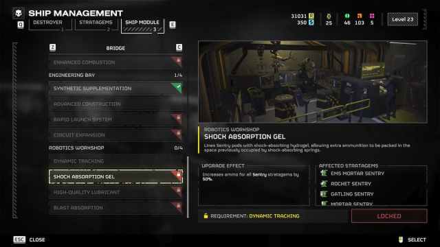 Shock Absorption Gel overview in the Ship Module menu in Helldivers 2.