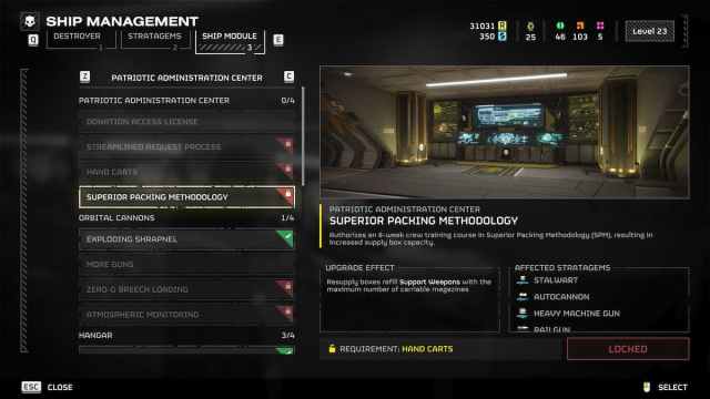 Superior Packing Methodology overview in the Ship Module menu in Helldivers 2.