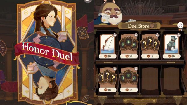 A split screen image showing the Honor Duel keyart on the left and a Honor Duel store on the right.