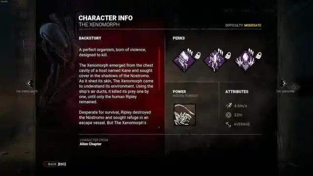 The Xenomorph's character information in Dead by Daylight.
