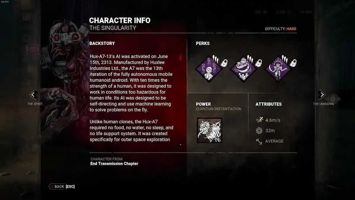 The Singularity's character info in Dead by Daylight.