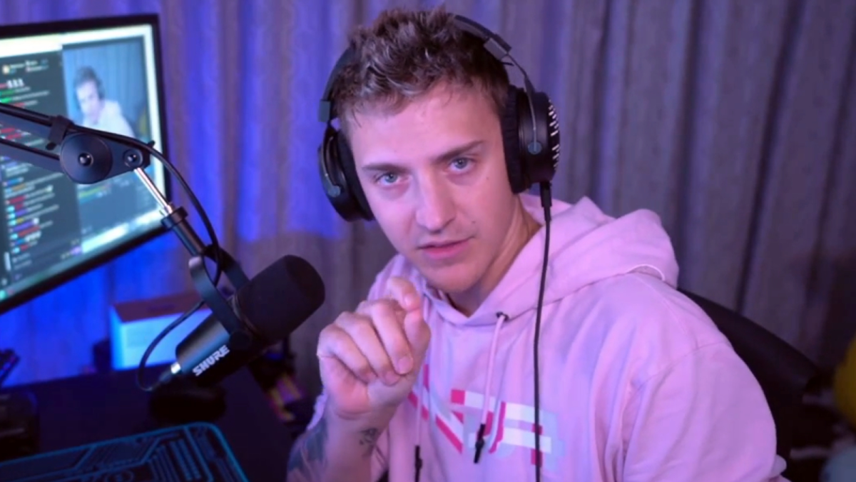 Ninja speaks to his streaming fans while broadcasting on Twitch from his gaming room