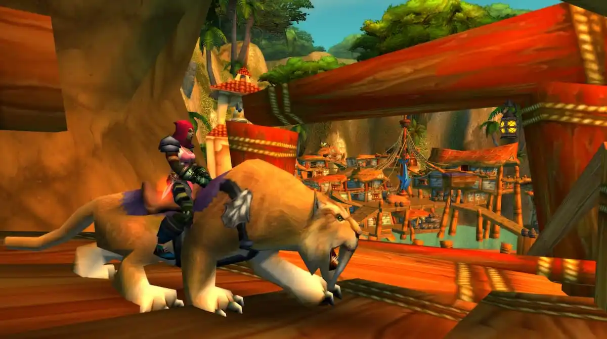 An Orc riding a lion in Booty Bay in WoW Classic Season of Discovery