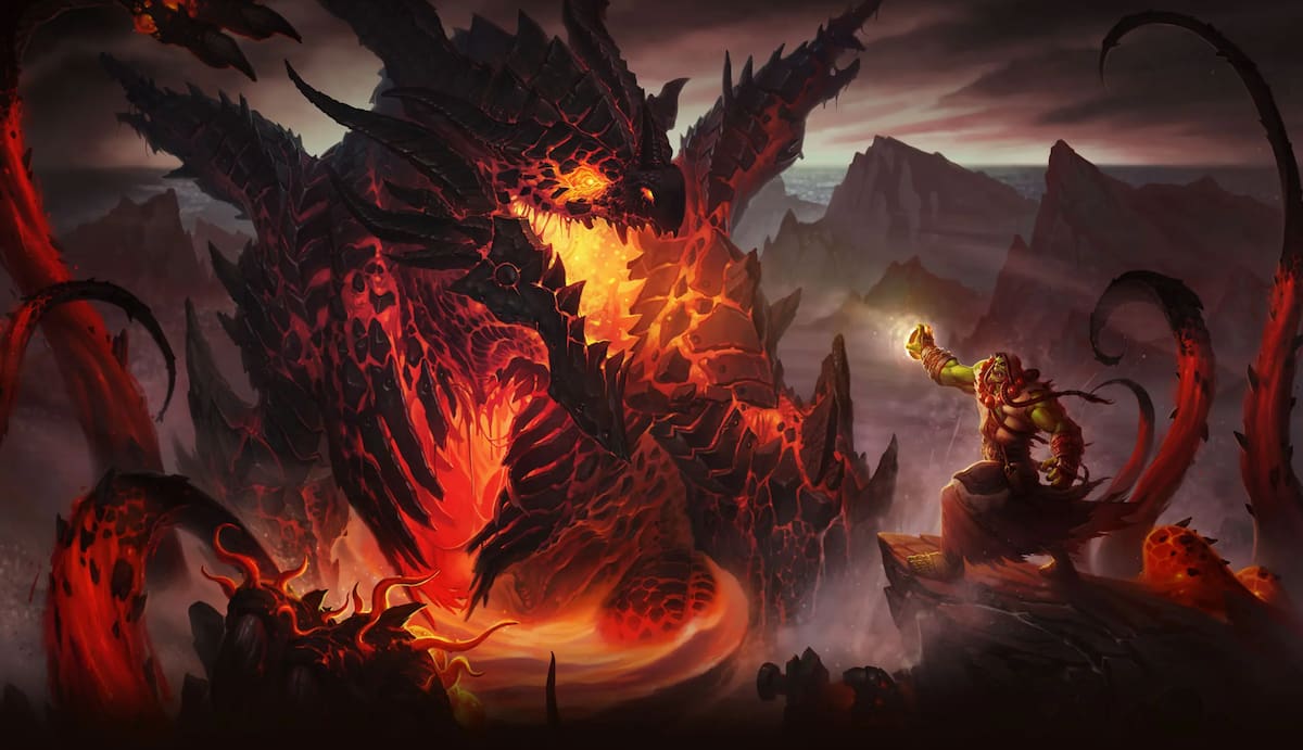 Thrall battling Deathwing in the Dragon Soul raid in World of Warcraft Cataclysm