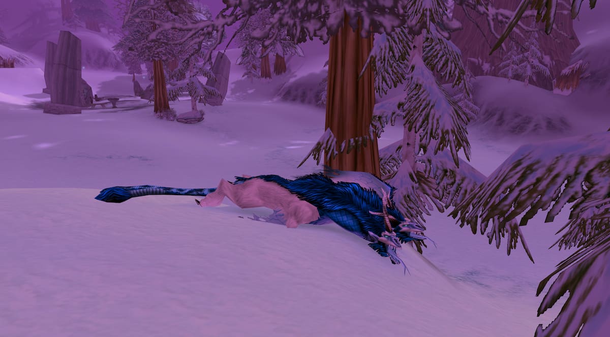 A dead Chillwind Chimera in Winterspring in WoW Classic