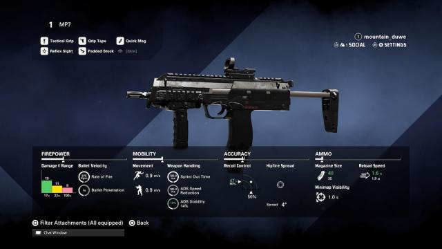 XDefiant MP7 best loadout Detailed Stats page