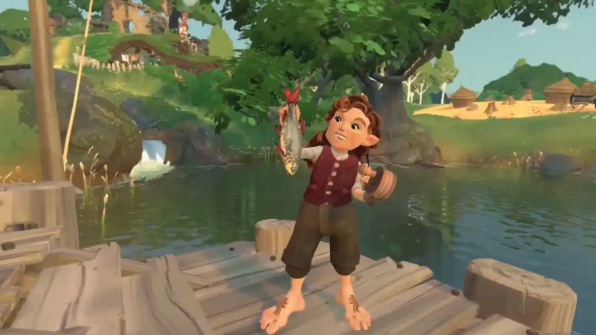 A Hobbit holding up a fish they caught in Tales of the Shire.