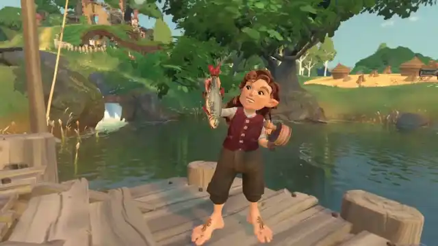 A Hobbit holding up a fish they caught in Tales of the Shire.