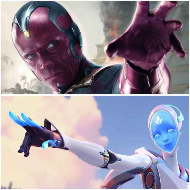 An image showing Marvel's Vision and Overwatch's Echo making similar gestures with their hands.